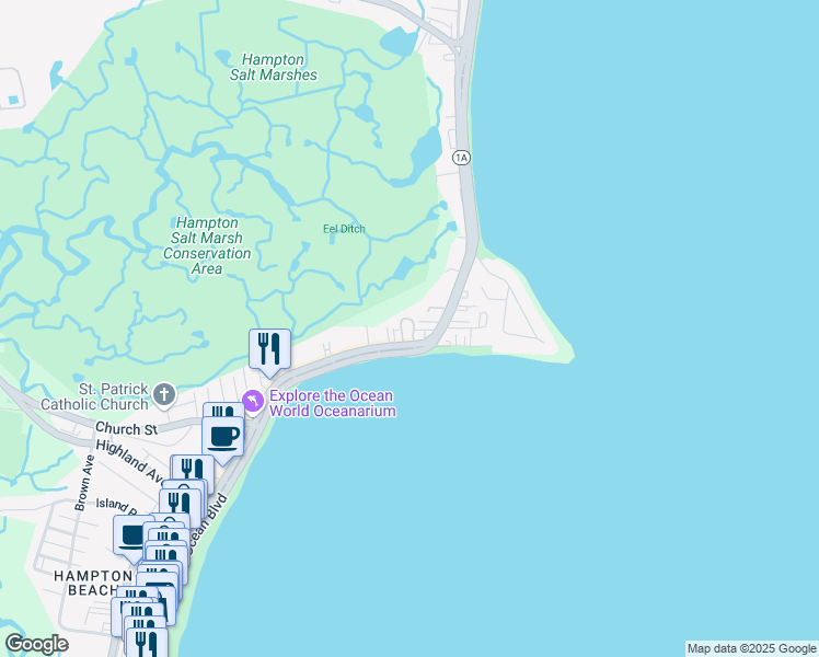 map of restaurants, bars, coffee shops, grocery stores, and more near 489 Ocean Boulevard in Hampton