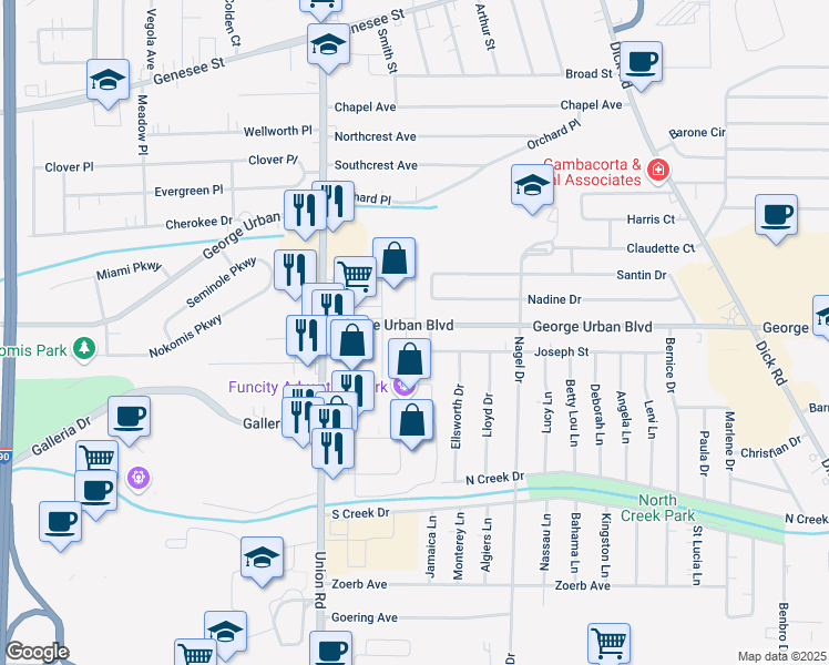 map of restaurants, bars, coffee shops, grocery stores, and more near 1175 George Urban Boulevard in Cheektowaga