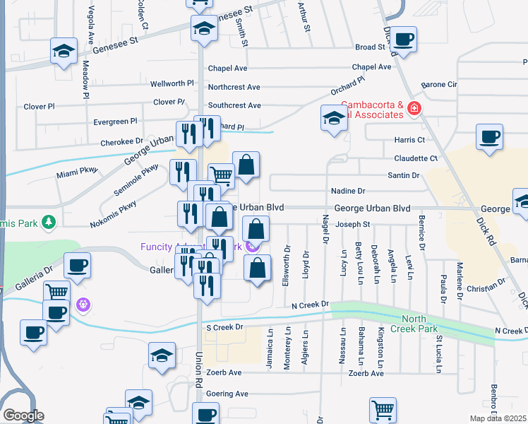 map of restaurants, bars, coffee shops, grocery stores, and more near 19 Wellington Road in Cheektowaga