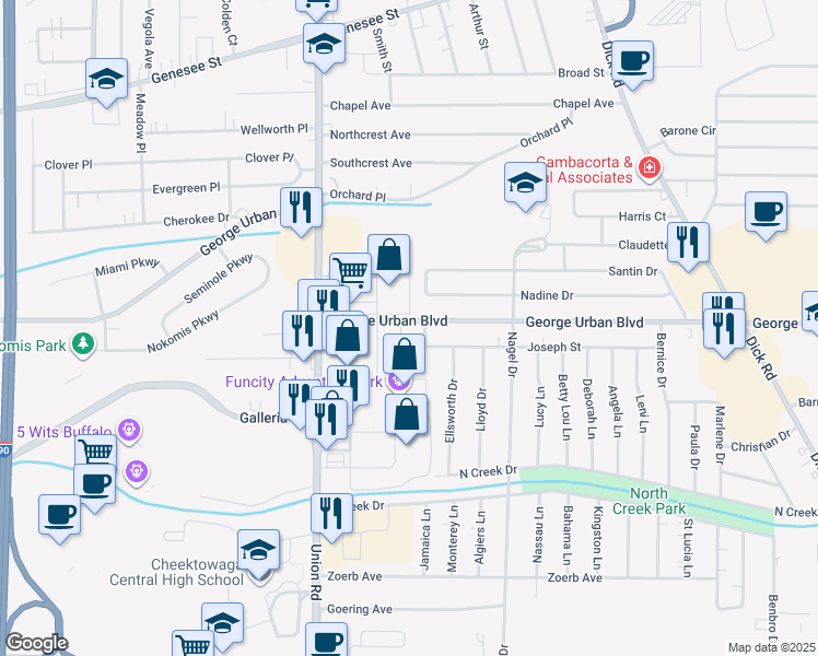 map of restaurants, bars, coffee shops, grocery stores, and more near 1175 George Urban Boulevard in Cheektowaga