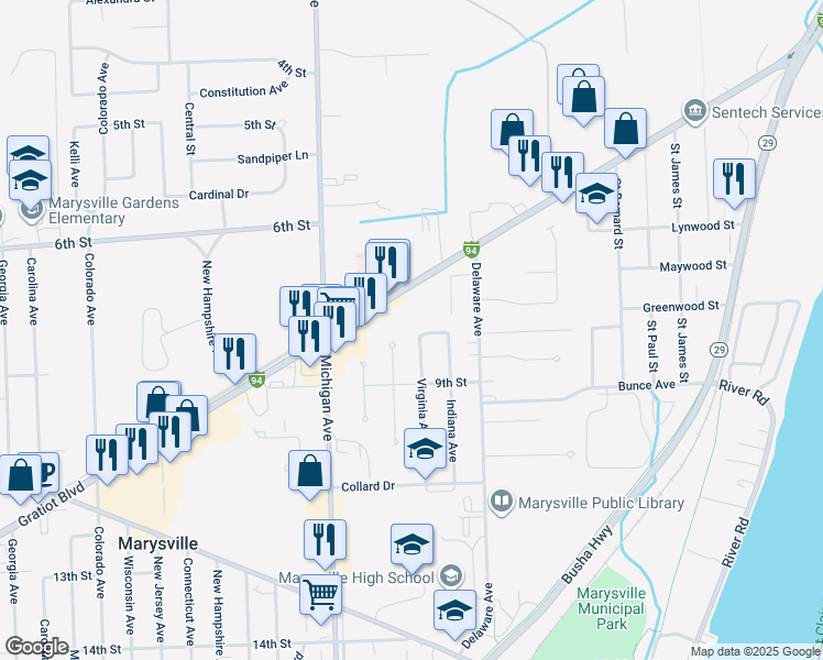 map of restaurants, bars, coffee shops, grocery stores, and more near 825 Illinois Street in Marysville