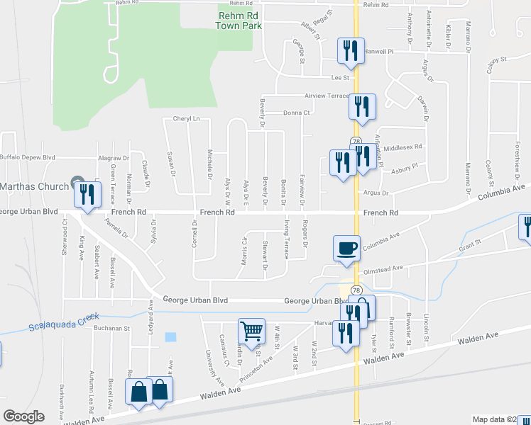 map of restaurants, bars, coffee shops, grocery stores, and more near 330 French Road in Depew