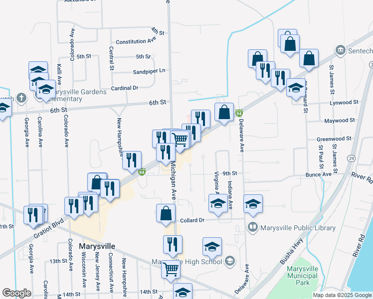 map of restaurants, bars, coffee shops, grocery stores, and more near 855 Ohio Street in Marysville