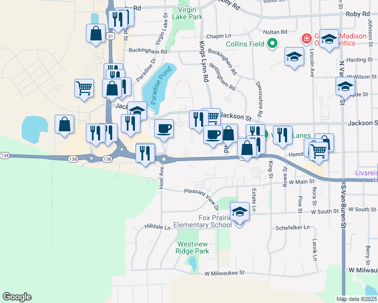 map of restaurants, bars, coffee shops, grocery stores, and more near 1925 U.S. 51 in Stoughton