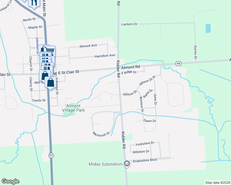 map of restaurants, bars, coffee shops, grocery stores, and more near 5084 Kidder Road in Almont