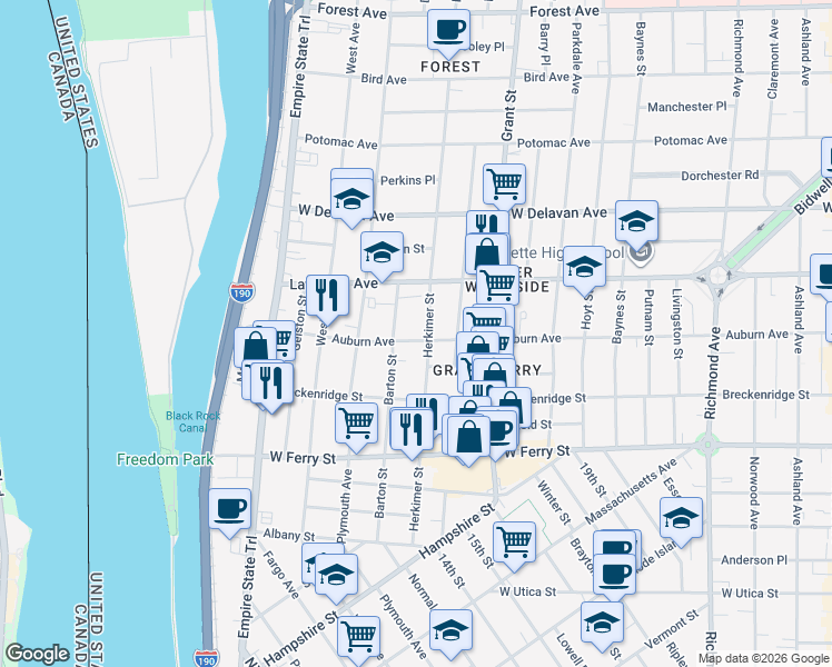 map of restaurants, bars, coffee shops, grocery stores, and more near 179 Auburn Avenue in Buffalo
