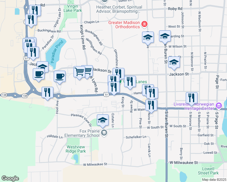 map of restaurants, bars, coffee shops, grocery stores, and more near 1429 U.S. 51 in Stoughton