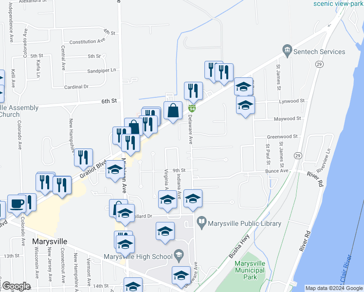 map of restaurants, bars, coffee shops, grocery stores, and more near 805 Indiana Avenue in Marysville