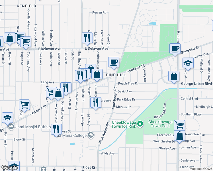 map of restaurants, bars, coffee shops, grocery stores, and more near 48 Pine Ridge Terrace in Buffalo