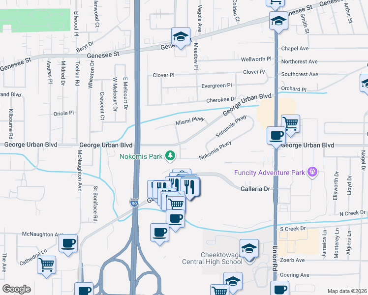 map of restaurants, bars, coffee shops, grocery stores, and more near 82 Nokomis Parkway in Cheektowaga