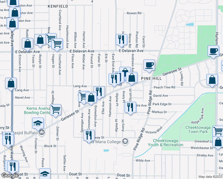 map of restaurants, bars, coffee shops, grocery stores, and more near in Buffalo