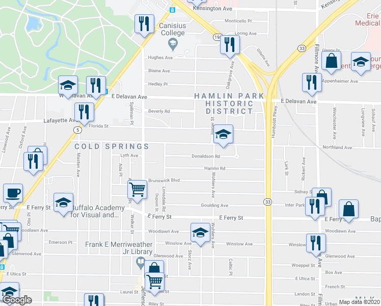 map of restaurants, bars, coffee shops, grocery stores, and more near 42 Hamlin Road in Buffalo