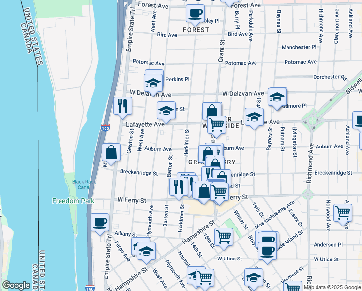 map of restaurants, bars, coffee shops, grocery stores, and more near 179 Auburn Avenue in Buffalo
