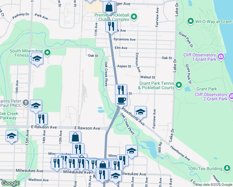 map of restaurants, bars, coffee shops, grocery stores, and more near 1215 Oak Creek Parkway in South Milwaukee