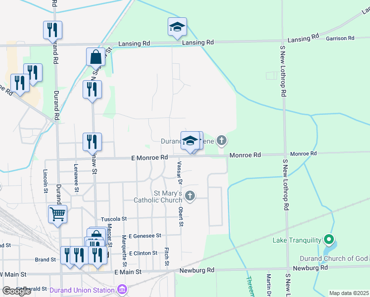map of restaurants, bars, coffee shops, grocery stores, and more near 9591 East Monroe Road in Durand