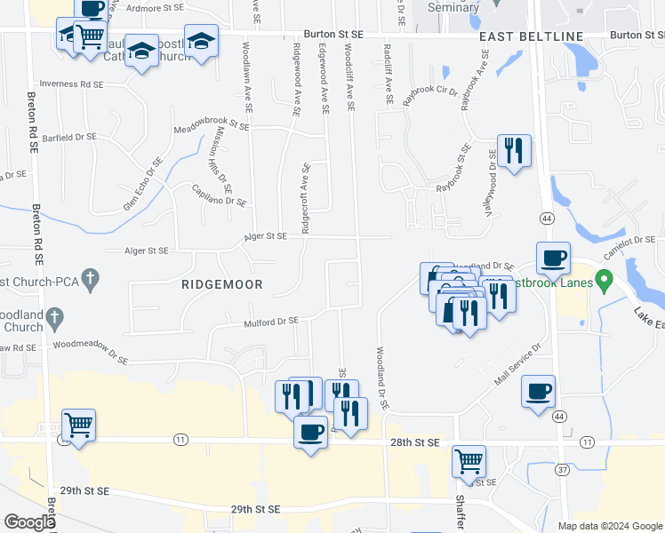 map of restaurants, bars, coffee shops, grocery stores, and more near 2942 Okemos Drive Southeast in Grand Rapids