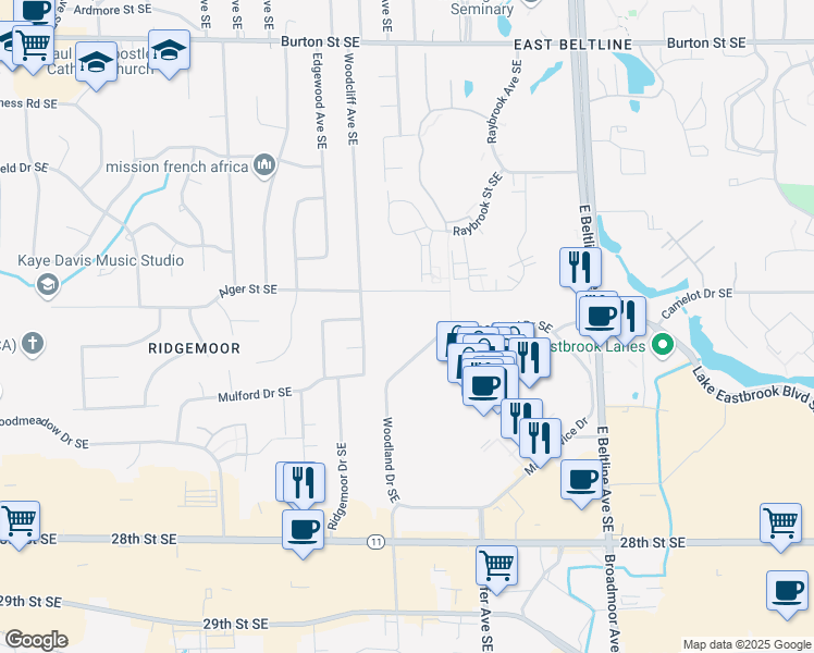 map of restaurants, bars, coffee shops, grocery stores, and more near 3131 Woodland Drive Southeast in Grand Rapids