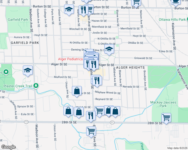 map of restaurants, bars, coffee shops, grocery stores, and more near 2456 Eastern Avenue Southeast in Grand Rapids