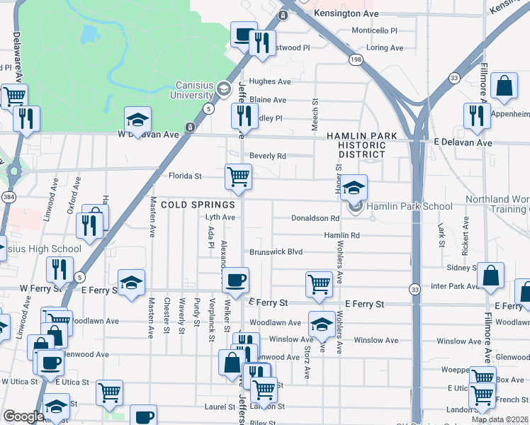 map of restaurants, bars, coffee shops, grocery stores, and more near 214 Northland Avenue in Buffalo