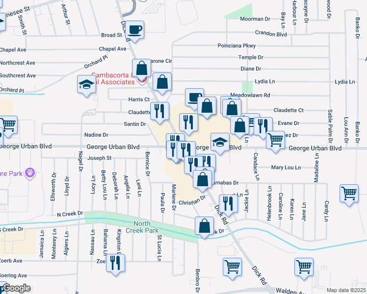 map of restaurants, bars, coffee shops, grocery stores, and more near George Urban Boulevard & Dick Road in Cheektowaga