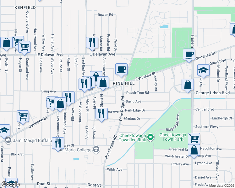 map of restaurants, bars, coffee shops, grocery stores, and more near 2374 Genesee Street in Cheektowaga