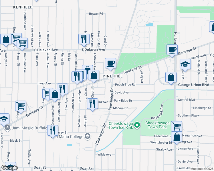 map of restaurants, bars, coffee shops, grocery stores, and more near 2374 Genesee Street in Cheektowaga