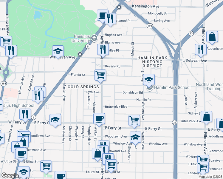 map of restaurants, bars, coffee shops, grocery stores, and more near 214 Northland Avenue in Buffalo