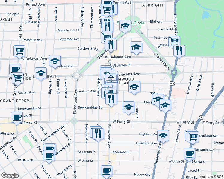 map of restaurants, bars, coffee shops, grocery stores, and more near 207 Lancaster Avenue in Buffalo