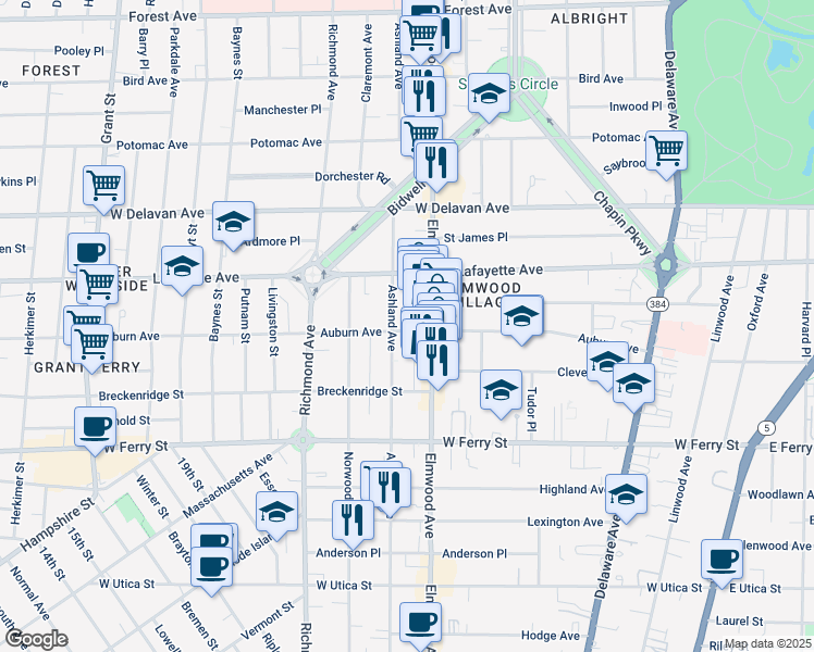 map of restaurants, bars, coffee shops, grocery stores, and more near 818 Elmwood Avenue in Buffalo
