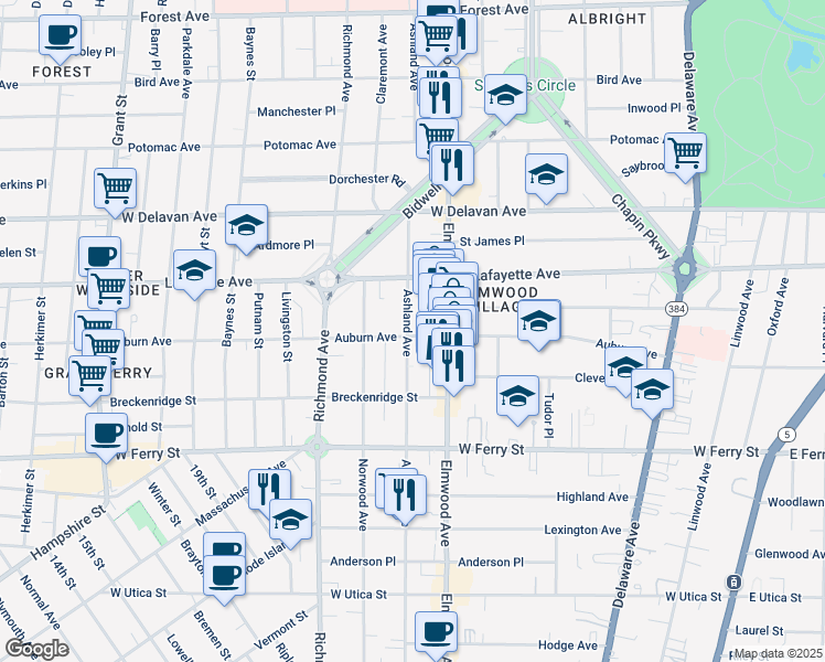 map of restaurants, bars, coffee shops, grocery stores, and more near 536 Ashland Avenue in Buffalo