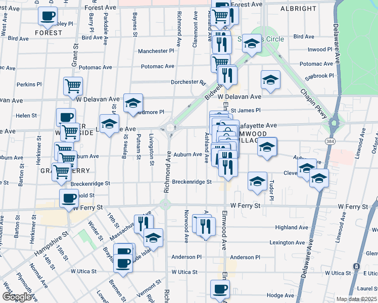 map of restaurants, bars, coffee shops, grocery stores, and more near 536 Norwood Avenue in Buffalo