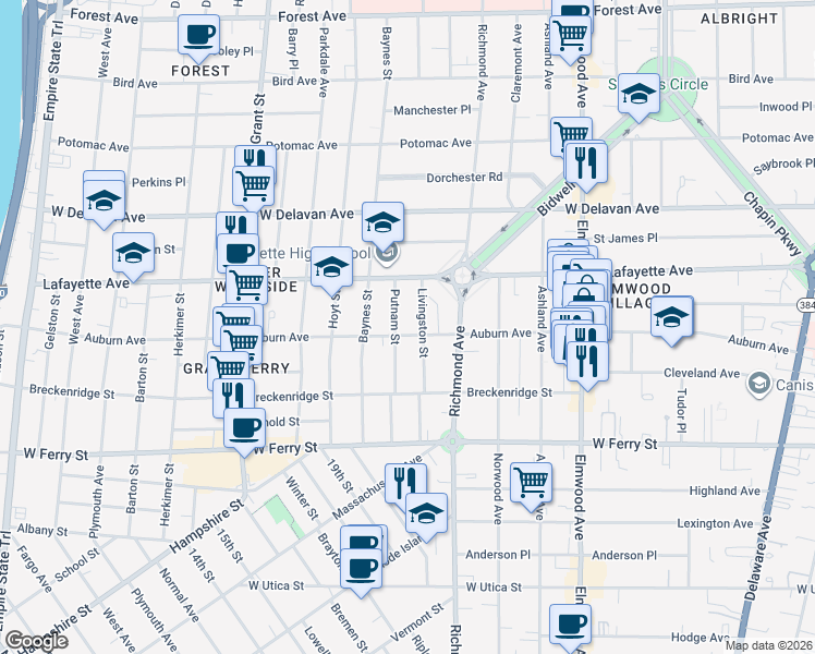 map of restaurants, bars, coffee shops, grocery stores, and more near 144 Livingston Street in Buffalo