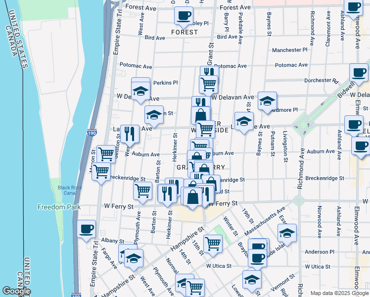 map of restaurants, bars, coffee shops, grocery stores, and more near 245 Herkimer Street in Buffalo