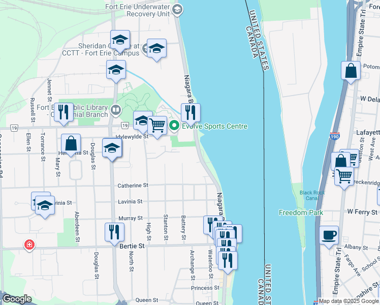 map of restaurants, bars, coffee shops, grocery stores, and more near in Fort Erie