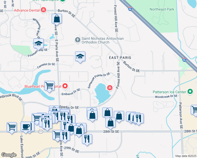 map of restaurants, bars, coffee shops, grocery stores, and more near Somerset Pointe Drive Southeast in Grand Rapids