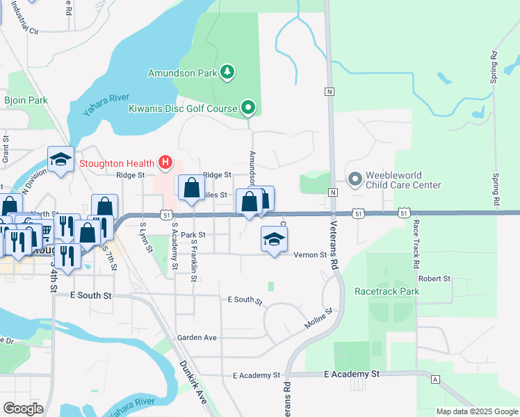 map of restaurants, bars, coffee shops, grocery stores, and more near 1301-1399 Vennevoll Drive in Stoughton