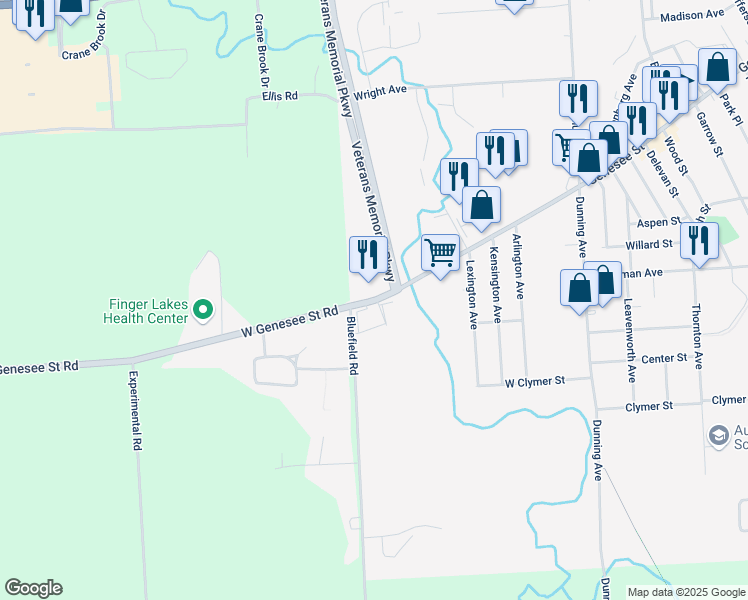 map of restaurants, bars, coffee shops, grocery stores, and more near 203 West Genesee Street in Auburn