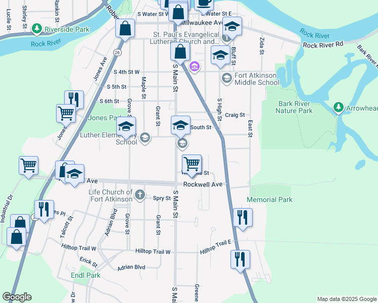 map of restaurants, bars, coffee shops, grocery stores, and more near 719 South Main Street in Fort Atkinson