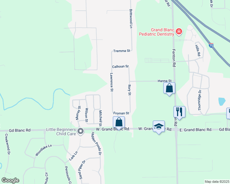map of restaurants, bars, coffee shops, grocery stores, and more near 7395 Lawrence Street in Grand Blanc