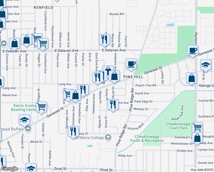 map of restaurants, bars, coffee shops, grocery stores, and more near Genesee Street & Avery Place in Buffalo