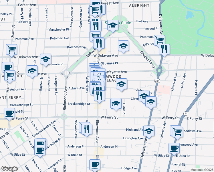 map of restaurants, bars, coffee shops, grocery stores, and more near 674 Auburn Avenue in Buffalo