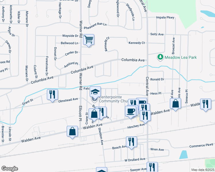 map of restaurants, bars, coffee shops, grocery stores, and more near 23 Eagle Terrace in Depew