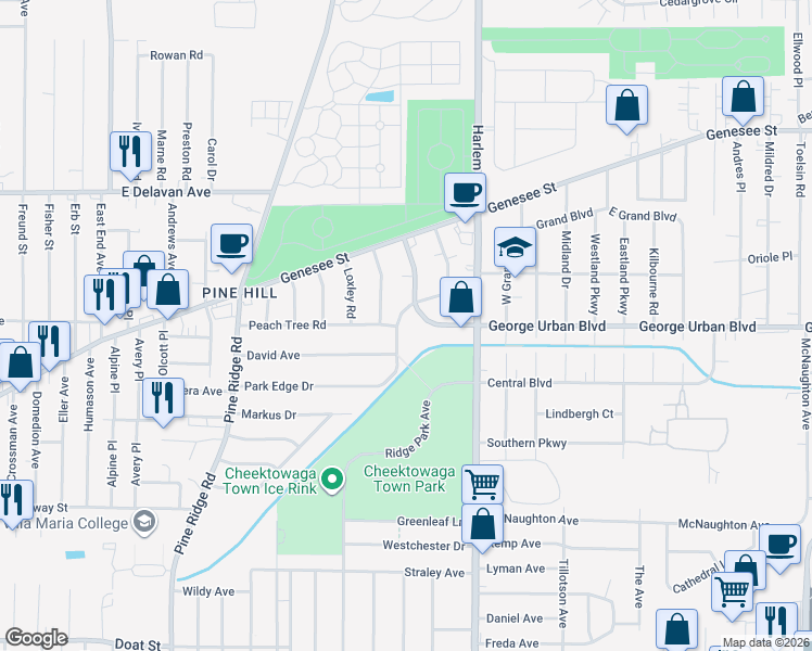 map of restaurants, bars, coffee shops, grocery stores, and more near 24 Kaufman Drive in Cheektowaga