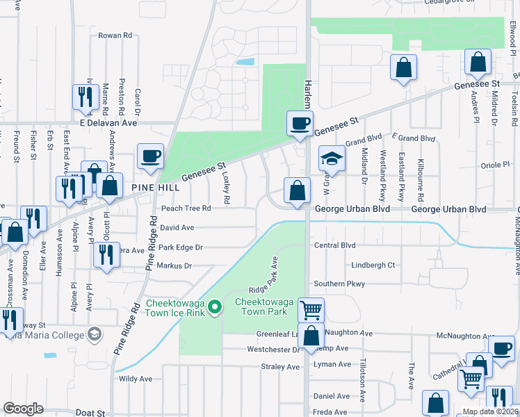 map of restaurants, bars, coffee shops, grocery stores, and more near 24 Kaufman Drive in Cheektowaga