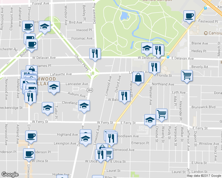 map of restaurants, bars, coffee shops, grocery stores, and more near 630 Linwood Avenue in Buffalo