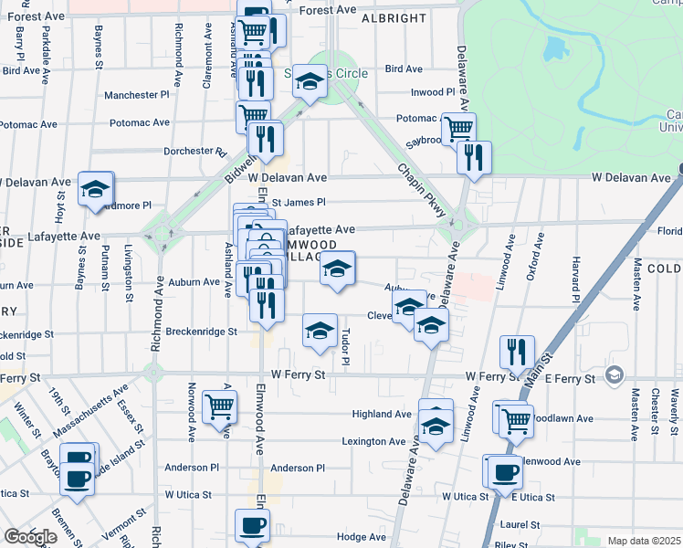 map of restaurants, bars, coffee shops, grocery stores, and more near 135 Lancaster Avenue in Buffalo