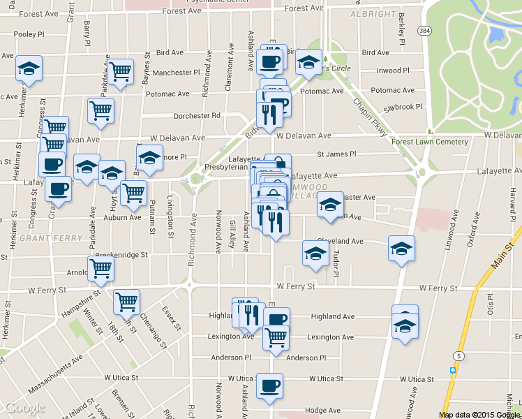 map of restaurants, bars, coffee shops, grocery stores, and more near 818 Elmwood Avenue in Buffalo