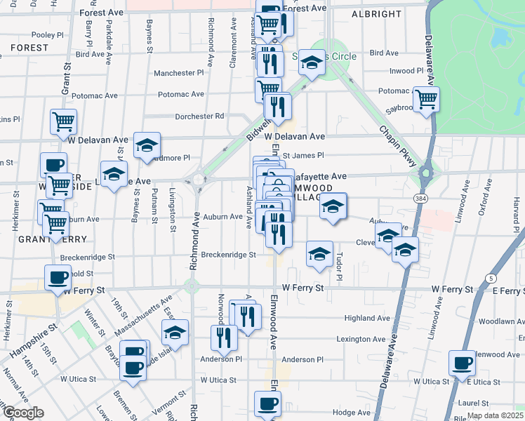 map of restaurants, bars, coffee shops, grocery stores, and more near 818 Elmwood Avenue in Buffalo