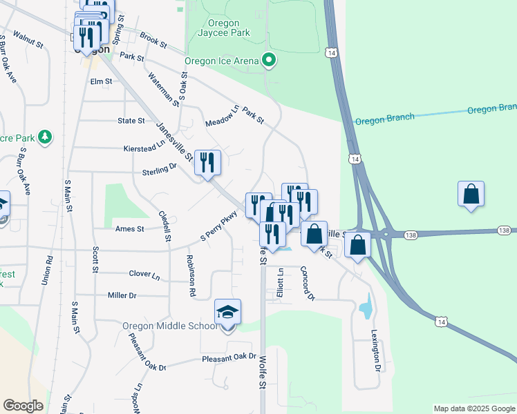 map of restaurants, bars, coffee shops, grocery stores, and more near 590 South Perry Parkway in Oregon