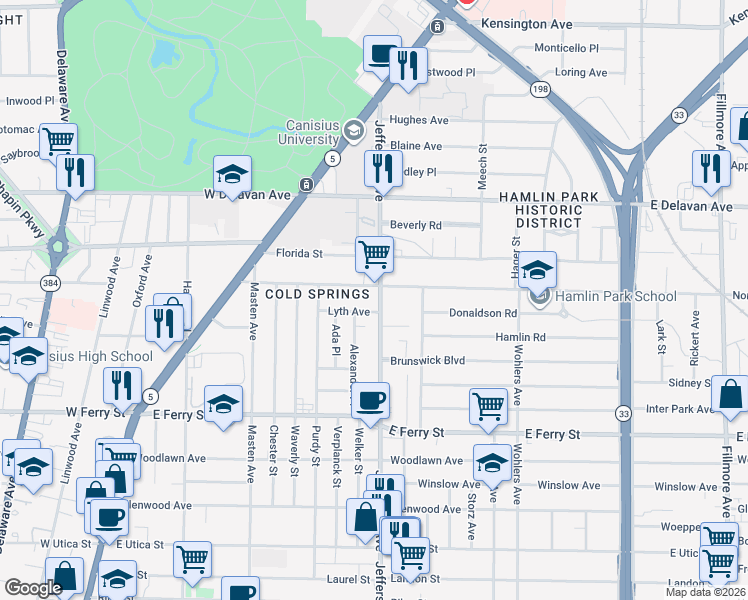 map of restaurants, bars, coffee shops, grocery stores, and more near 1602 Jefferson Avenue in Buffalo